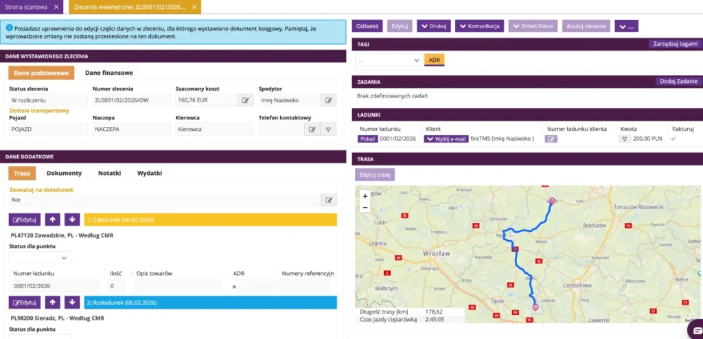Zrzut ekranu systemu fireTMS: możliwość edycji danych zlecenia po wystawieniu faktury