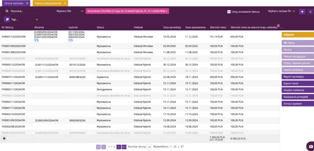 Zrzut ekranu systemu fireTMS: ukrywanie anulowanych faktur na listach