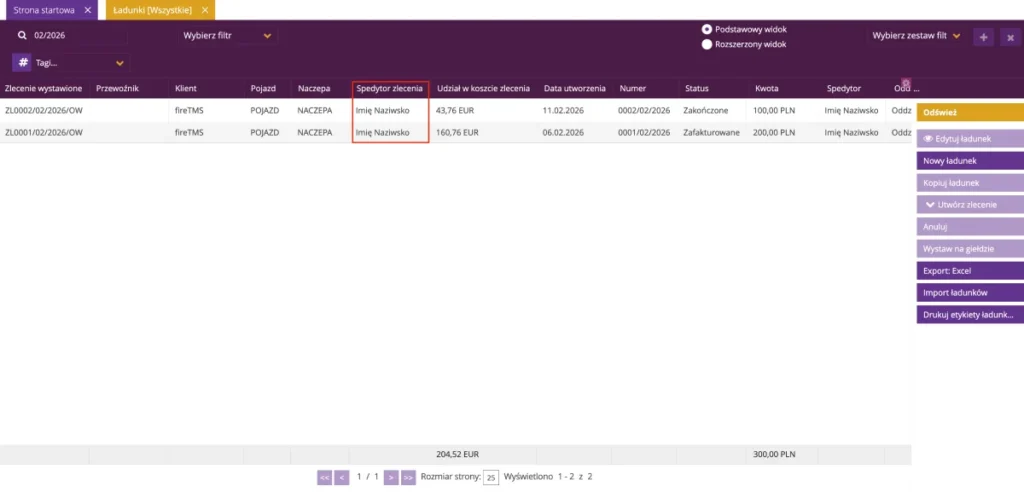 Zrzut ekranu z systemu fireTMS: nowe informacje na liście ładunków