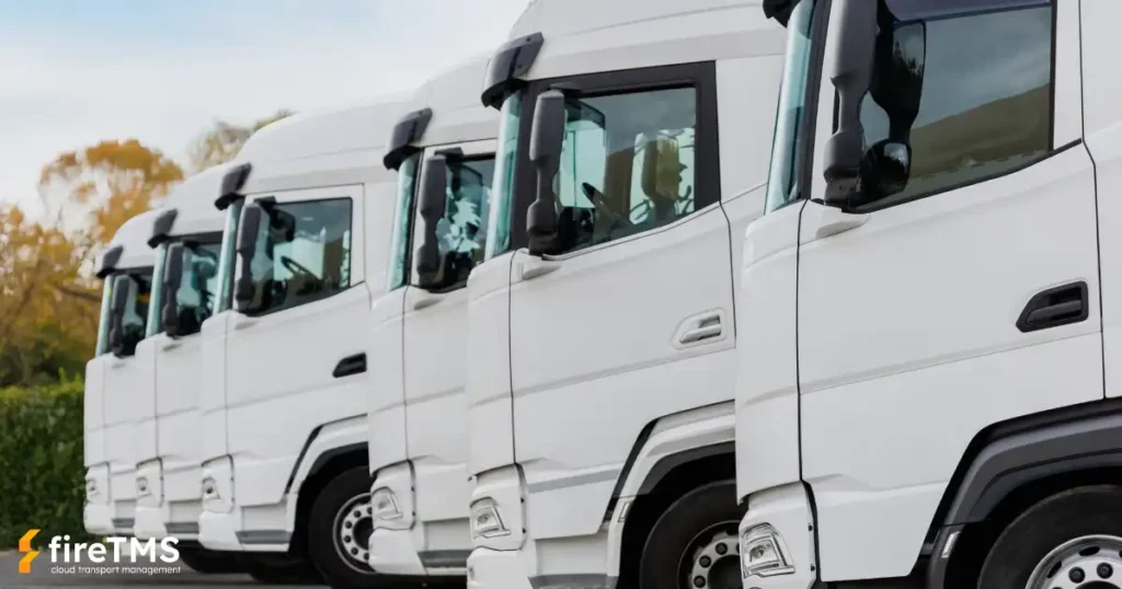 Samochody ciężąrowe stojące na placu w firmie transportowej