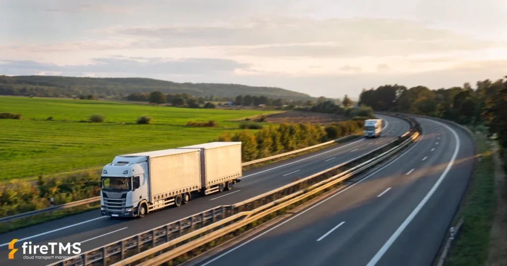 Samochody ciężarowe, jadące autostradą pośród pól