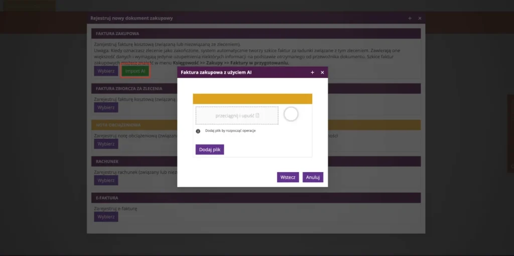Zrzut ekranu z systemy fireTMS: import faktur zakupowych z AI