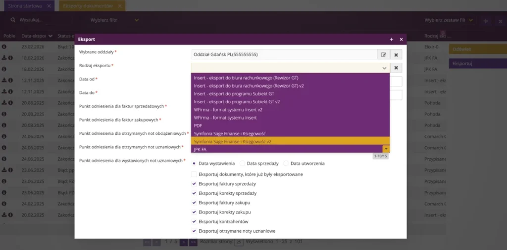 Zrzut ekranu z systemu fireTMS: informacja o numerze KSeF w eksportach do programów księgowych