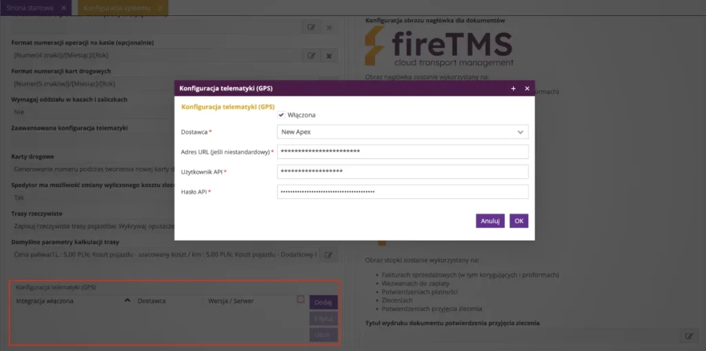 Zrzut ekranu z systemu fireTMS: integracja z GPS New Apex i 4GPS