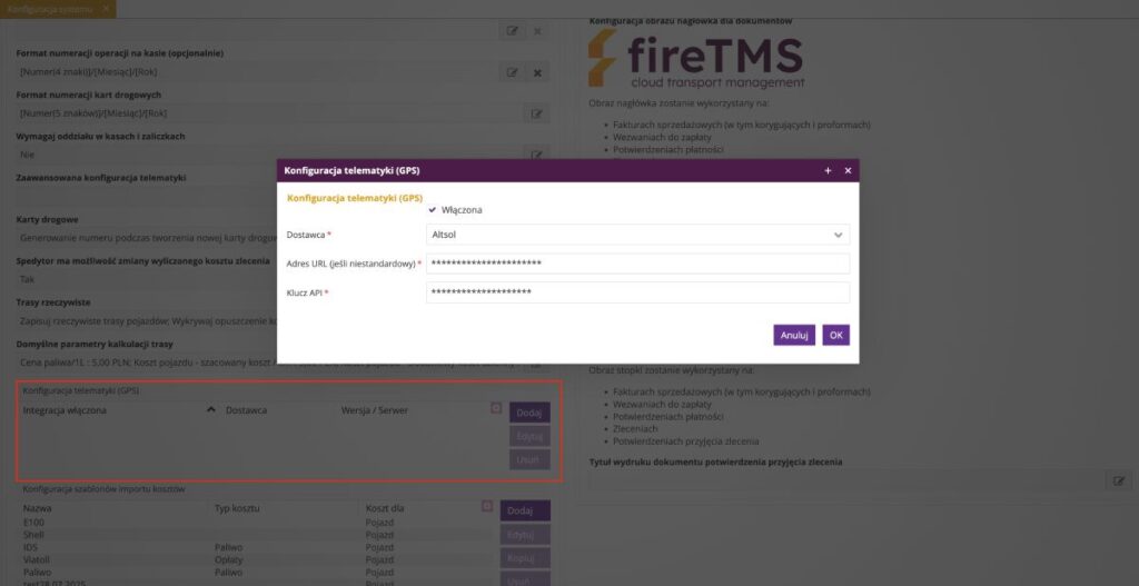 Zrzut ekranu z systemu fireTMS: rozszerzenie integracji z GPS AltSol o pobieranie czasu pracy kierowcy