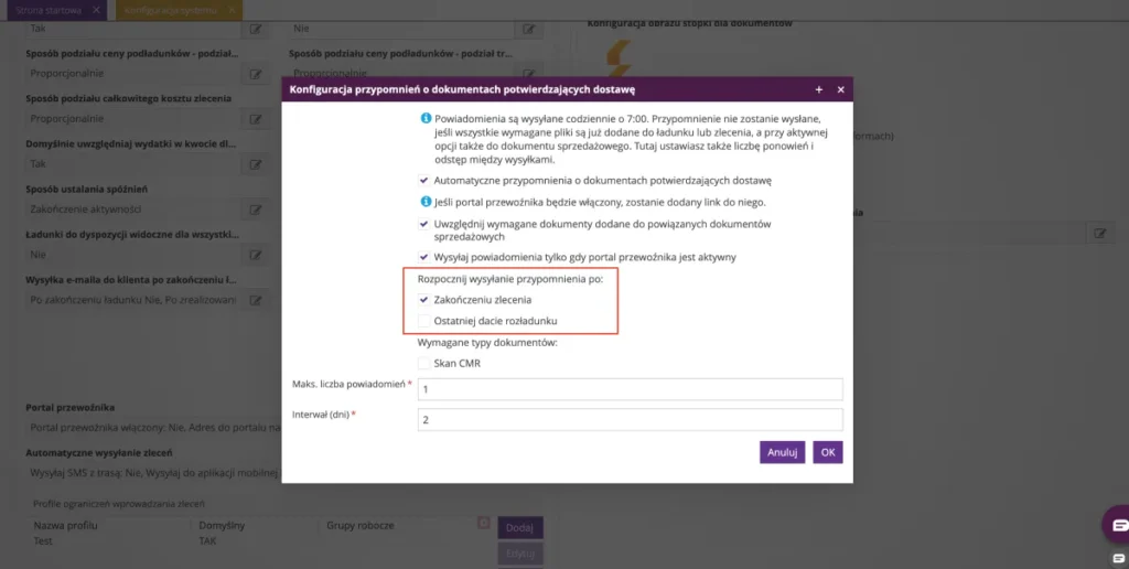 Zrzut ekranu z systemu fireTMS przedstawiający nową funkcję 
