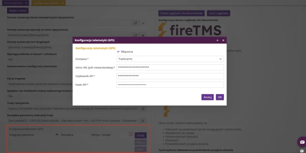 Zrzut ekranu z systemu fireTMS przedstawiający nową funkcję 
