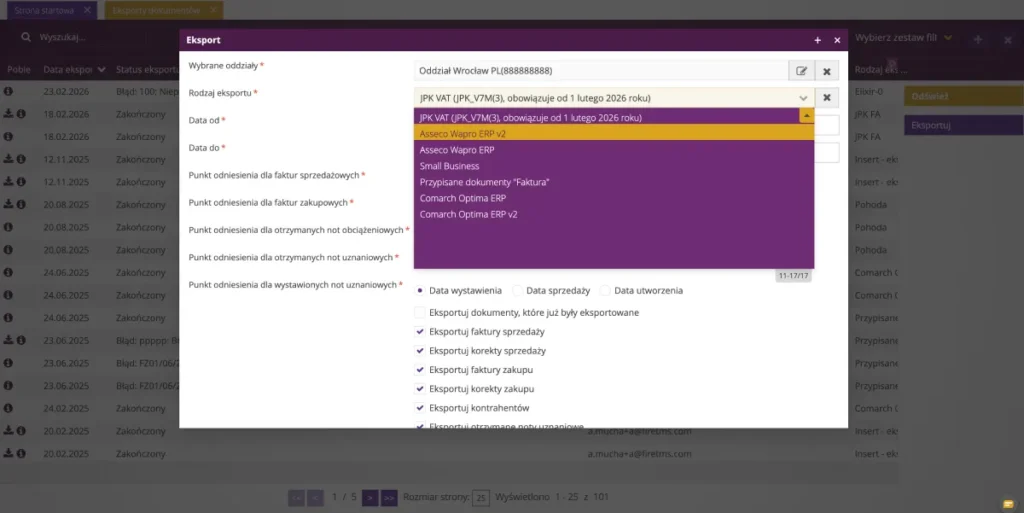 Zrzut ekranu z systemu fireTMS przedstawiający nową funkcję 