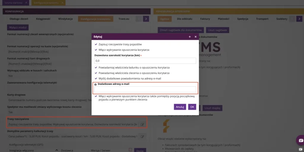 Zrzut ekranu z systemu fireTMS przedstawiający nową funkcję 