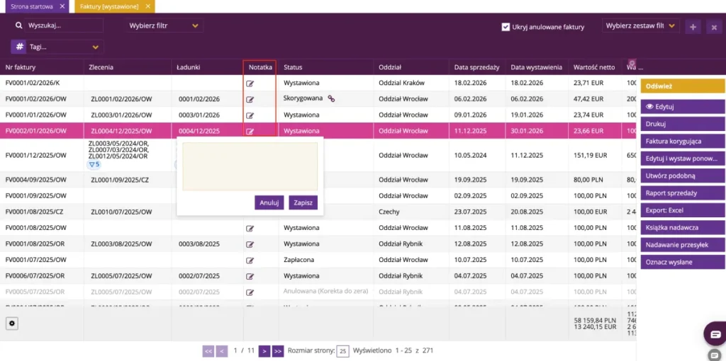 Zrzut ekranu z systemu fireTMS przedstawiający nową funkcję 