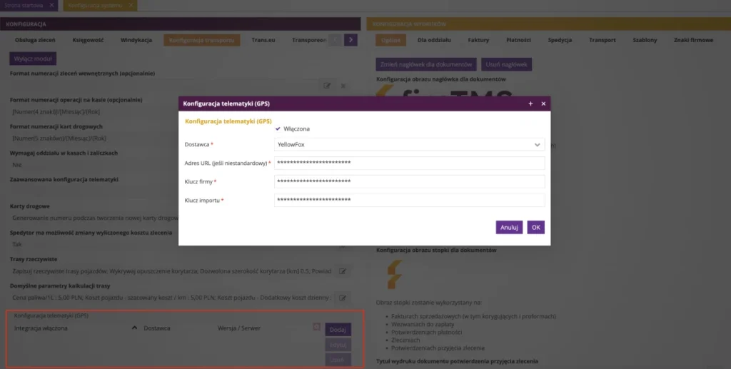 Zrzut ekranu z systemu fireTMS: nowe integracje z telematykami GPS