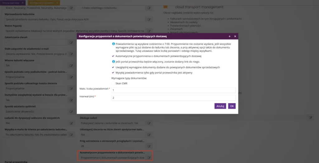Zrzut ekranu z systemu fireTMS: automatyczne powiadomienia o dostarczeniu dokumentów potwierdzających dostawę (CMR)