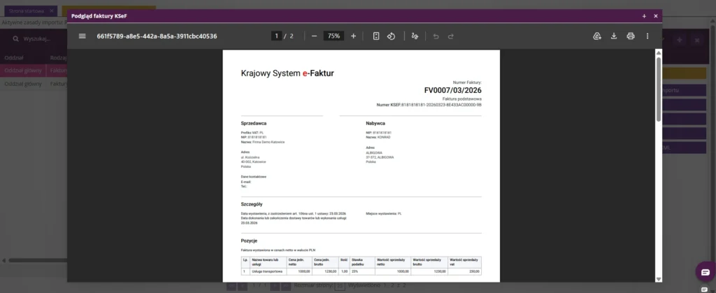 Zrzut ekranu z systemu fireTMS: podgląd wizualizacji dokumentów z KSeF 