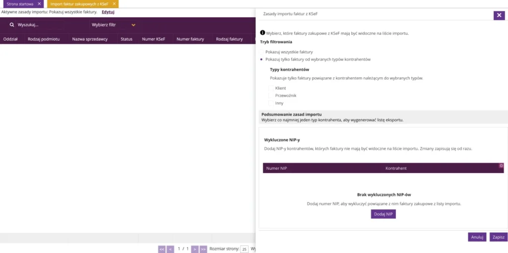 Zrzut ekranu z systemu fireTMS: zasady importu faktur z KSeF (blacklista i filtrowanie)
