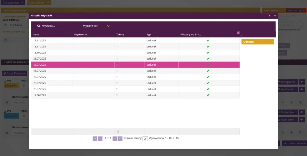 Zrzut ekranu z systemu fireTMS: asystent AI: historia użycia i import ładunków z plików