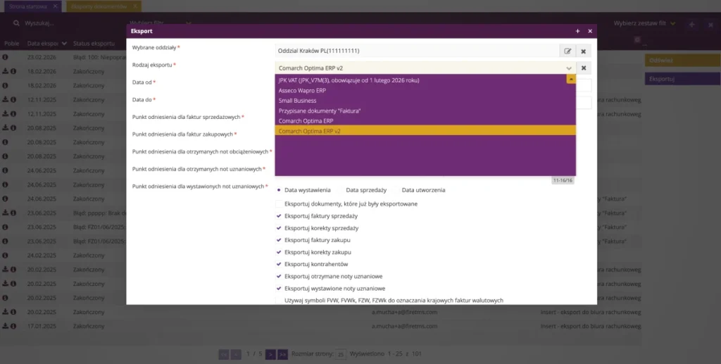 Zrzut ekranu z systemu fireTMS: informacja o numerze KSeF w eksporcie do Comarch Optima ERP