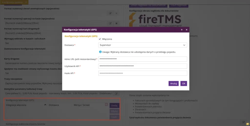 Zrzut ekranu z systemu fireTMS