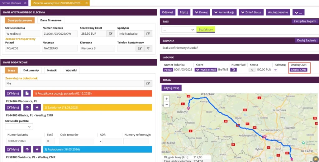 Zrzut ekranu z systemu fireTMS
