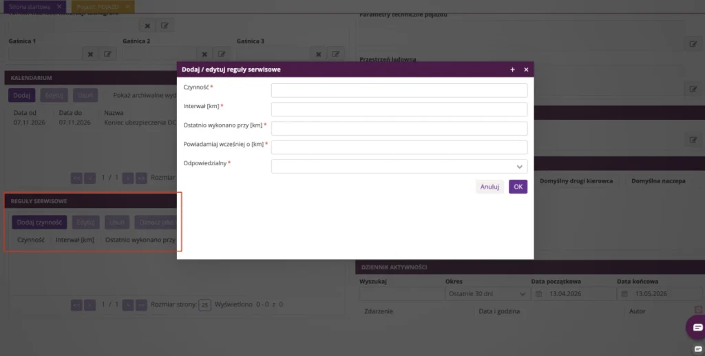 Zrzut ekranu z systemu fireTMS
