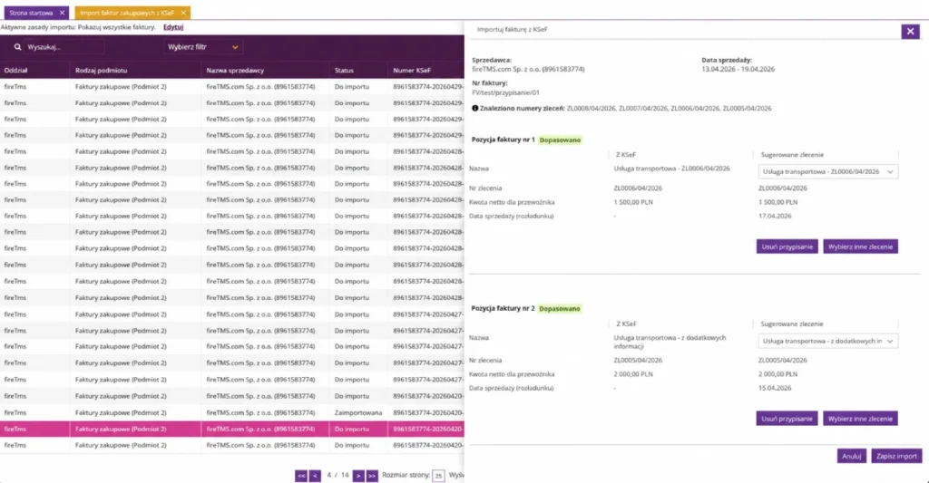 Zrzut ekranu z systemu fireTMS