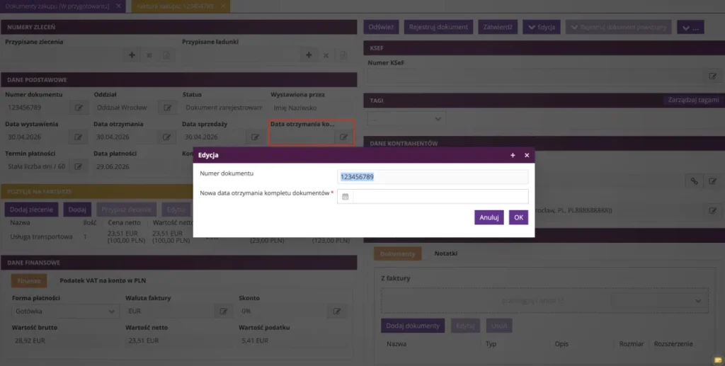 Zrzut ekranu z systemu fireTMS