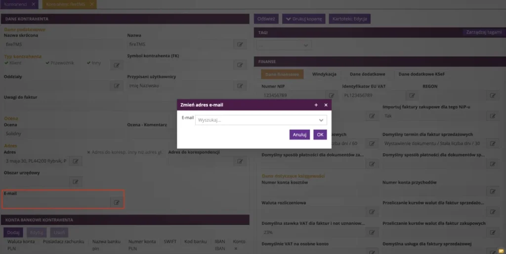 Zrzut ekranu z systemu fireTMS