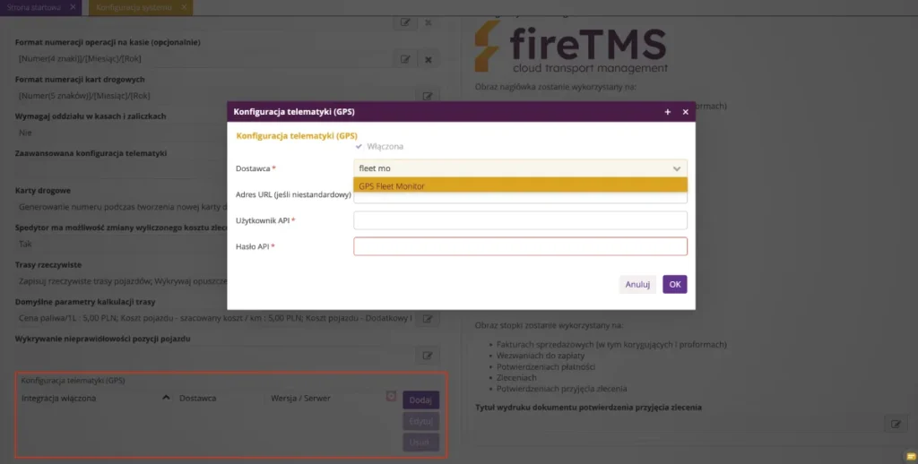 Zrzut ekranu z systemu fireTMS