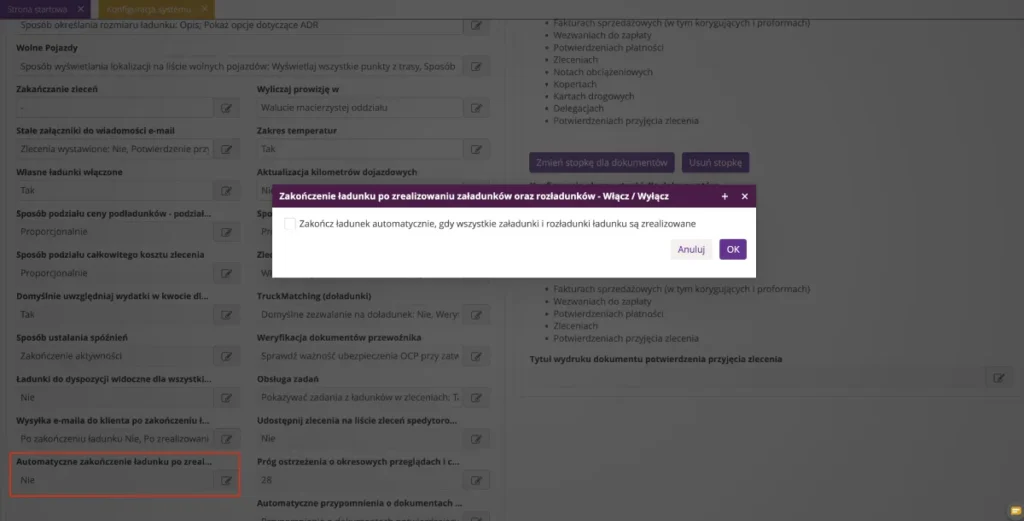 Zrzut ekranu z systemu fireTMS