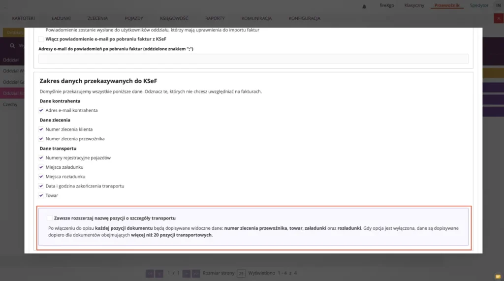 Zrzut ekranu z systemu fireTMS