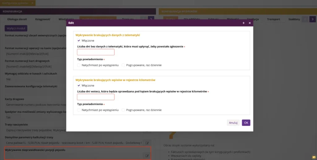 Zrzut ekranu z systemu fireTMS