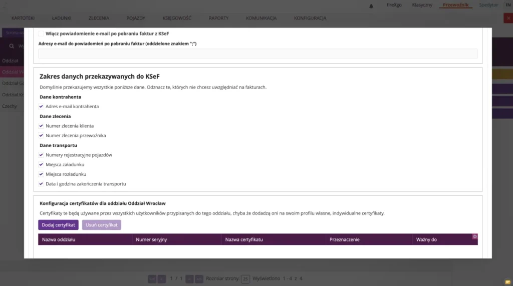 Zrzut ekranu z systemu fireTMS