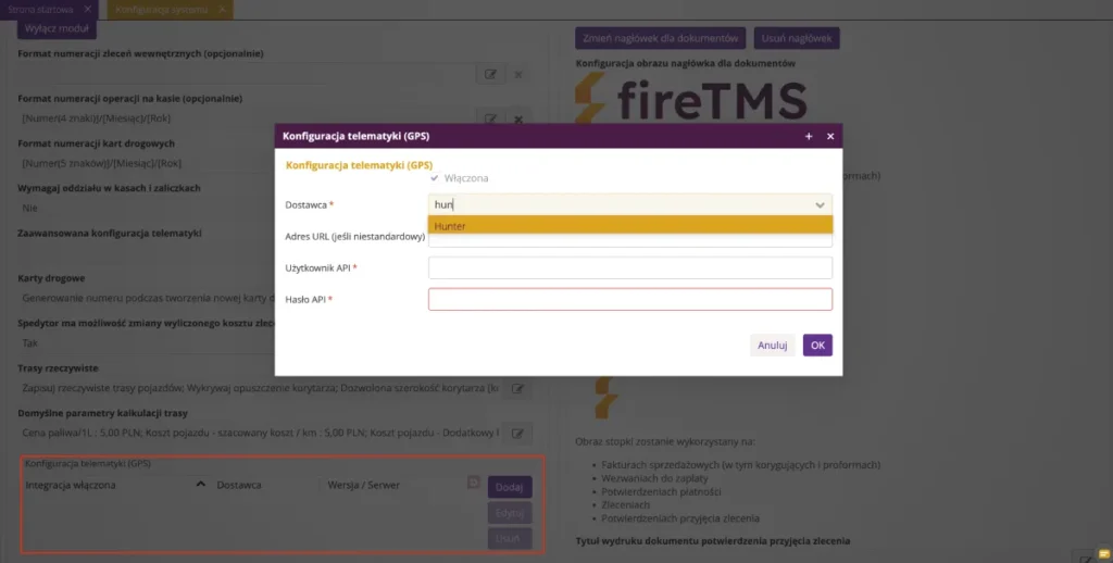 Zrzut ekranu z fireTMS