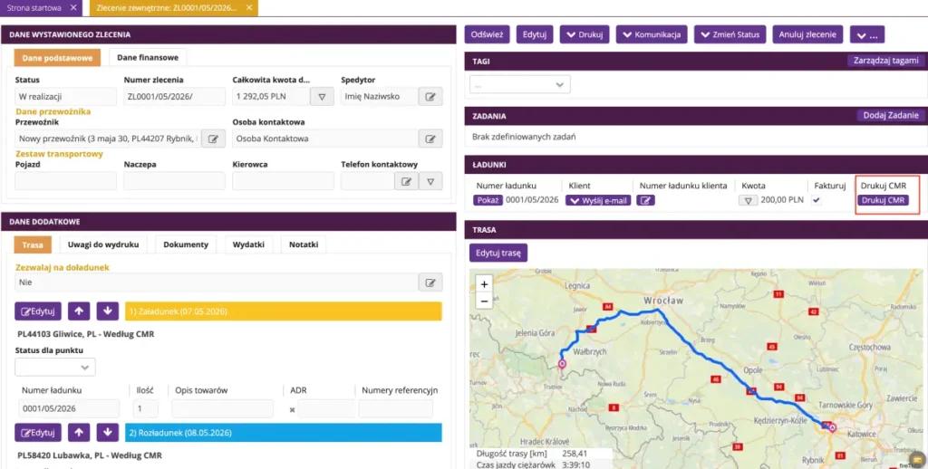 Zrzut ekranu z systemu fireTMS