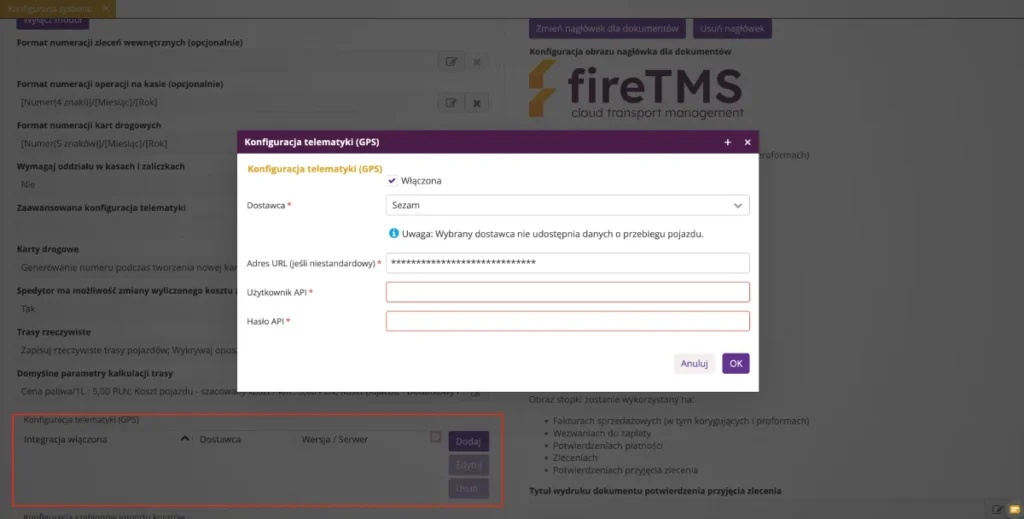 Zrzut ekranu z systemu fireTMS